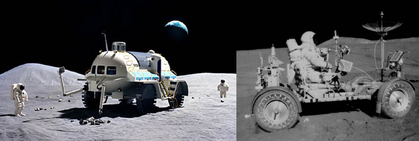 עבר ועתיד. רכב הירח של אפולו 15 (מימין) לעומת אחד התכנונים של נאס"א לרכב שטח לשהייה ממושכת | צילומים: NASA