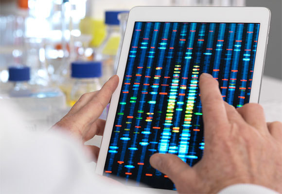 בחינת רצף גנטי על צג של מחשב טאבלט | צילום: TEK IMAGE / SCIENCE PHOTO LIBRARY