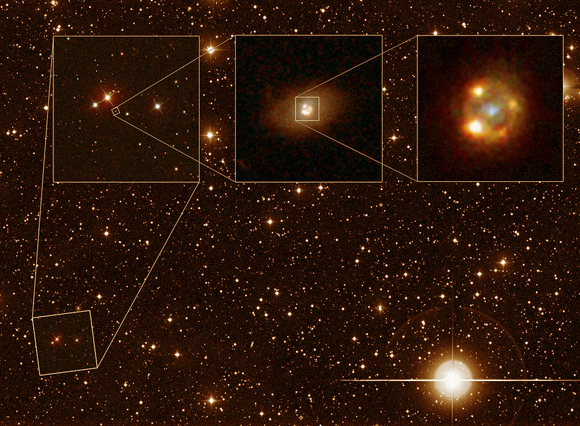 הגדלות של הסופרנובה. בריבוע הימני רואים את ארבע התמונות שלה מסודרות במעגל | צילום: ESA/Hubble, NASA, Sloan Digital Sky Survey, Palomar Observatory/California Institute of Technology