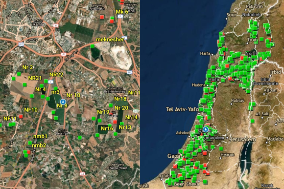 מפת התיבות הקינון בפריסה ארצית, כולל ירדן והרשות הפלסטינית (מימין) והגדלה של אזור השפלה, מתוך יישומון המיפוי של המיזם | צילומי מסך: יואב מוטרו