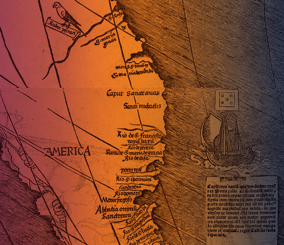 מסלול מסעו של וספוצ'י במפה של ולדזימילר. הנציח את השם "אמריקה" | מקור: ויקיפדיה