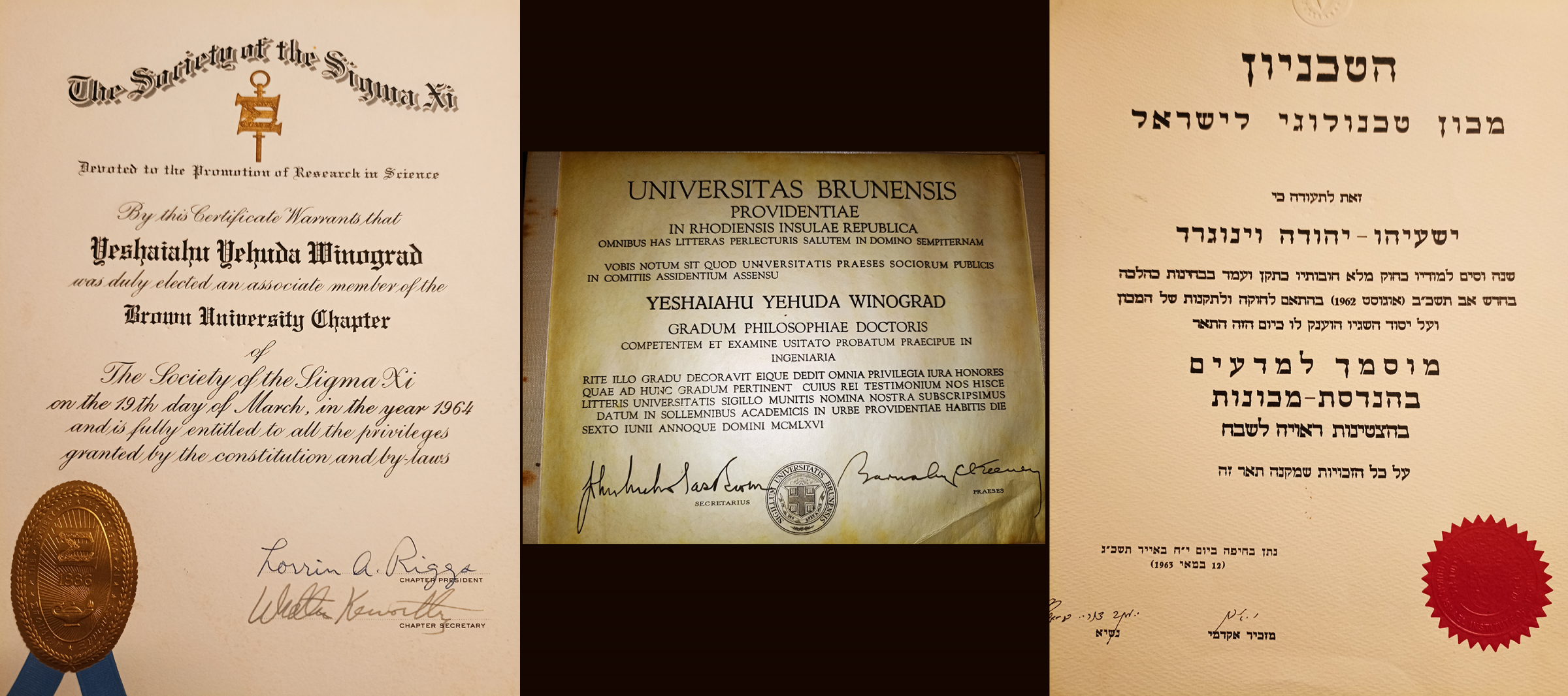 ותעודת הקבלה לאגודת סיגמה-קסי | צילומים באדיבות משפחת וינוגרד