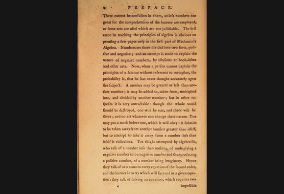 מביע זעזוע מעצם הרעיון של מספרים שליליים, סוף המאה ה-18 | עמוד מתוך עקרונות האלגברה מאת ויליאם פרנד