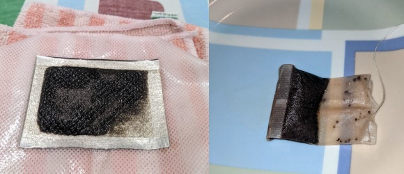 תיון משומש (מימין) ופד שטפטפו עליו מים (משמאל) | צילום: נעם לויתן