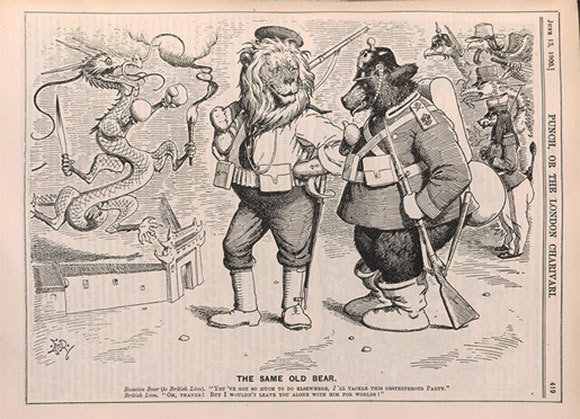 הדוב הרוסי משוחח עם האריה הבריטי, תחת עיניו של הדרקון הסיני וחיות אחרות | מתוך: British Library / Science Photo Library