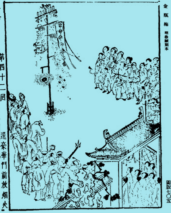 איור המתעד מופע פירוטכניקה בסין, שושלת מינג המאה ה-17