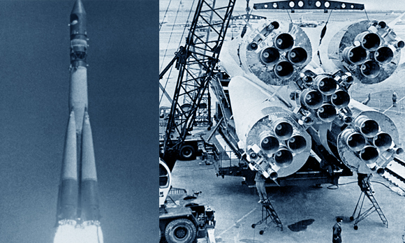 הטיל הבין יבשתי שהפך לטיל חלל. הרכבת מנועי הטיל (מימין) והשיגור של וסטוק-1 | מקור: Science Photo Library