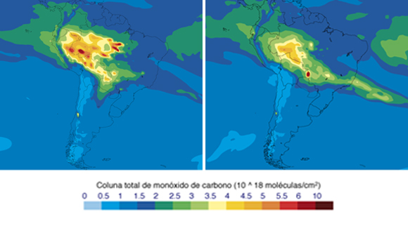 פולטים רעלים: מיפוי לווייני של הפחמן חד-חמצני מעל ברזיל, ב-17 (מימין) וב-21 באוגוסט | מקור: שירות המעקב האטמוספרי CAMS