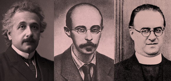 גישות חדשות להבנת היקום. למטר (מימין) פרידמן (במרכז) ואלברט איינשטיין | מקור: ויקיפדיה, Science Photo Library