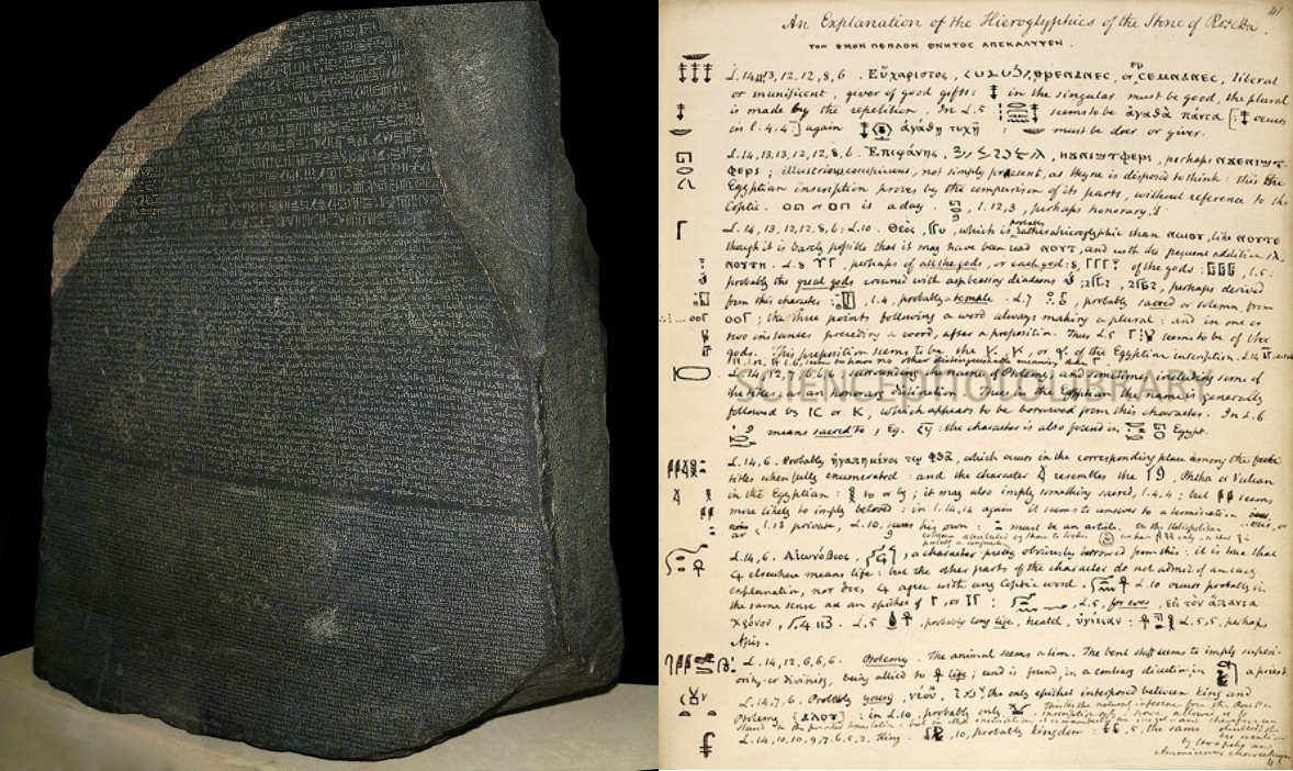 אבן רוזטה (משמאל) ורישומים של יאנג ממחקריו במאמץ לפענח את כתב החרטומים | צילומים: ויקיפדיה, Science Photo Library