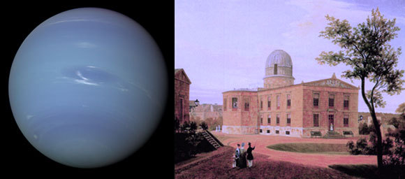 מצפה הכוכבים בברלין במאה ה-19 וכוכב הלכת נפטון בצילום של החללית וויאג'ר | מקורות: ויקיפדיה (נחלת הכלל), NASA
