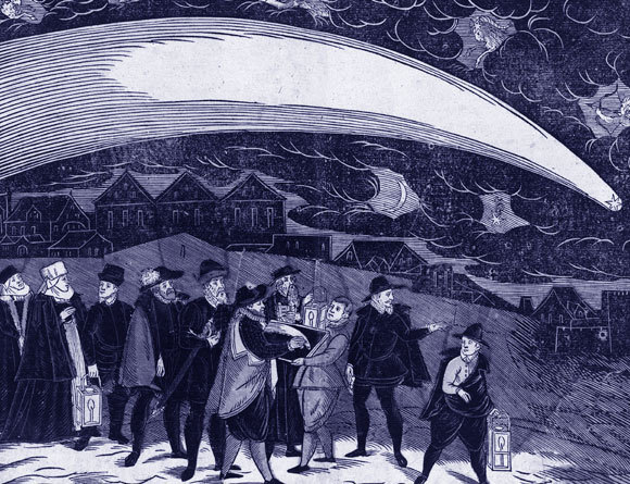 תחריט עץ של אנשים צופים בפראג בשביט של 1577 | מקור: ויקיפדיה, נחלת הכלל