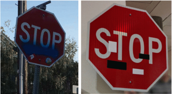 כיתוב: משמאל: "גרפיטי" על תמרור "עצור". מימין: תוספות ממוחשבות שגרמו לבינה מלאכותית "לחשוב" שמדובר בתמרור הגבלת מהירות | מקור: מאמר המחקר, Eykholt et al