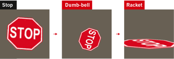 כיתוב: עיוותים קלים משנים את התמונה עבור הבינה המלאכותית. התמרור המעוות נתפס כמשקולת (במרכז) או מחבט (מימין) | מקור: nature