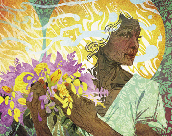 זקנה עם פרחים, איור