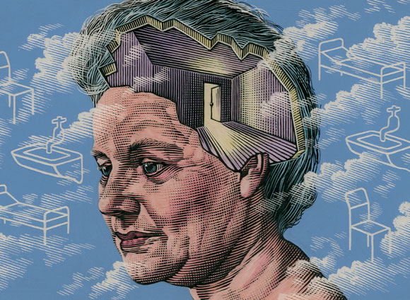 מוחה של אישה זקנה כבית ריק ופרוץ, איור