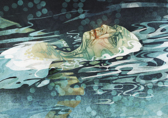 איור: אישה זקנה צפה במים שלווים