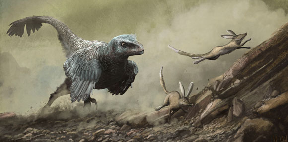 חיו בצל הכבד של הדינוזאורים. ולוסירפטור רודף אחר יונקים קטנים | איור: MARK P. WITTON / SCIENCE PHOTO LIBRARY