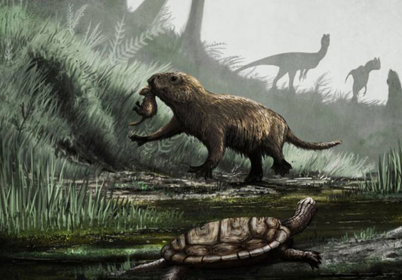 מאפלה לאור גדול. יונק Kayentatherium עם גור, מתפקד באור יום כשברקע דילופוזאורים | איור: Mark Witton, UCL