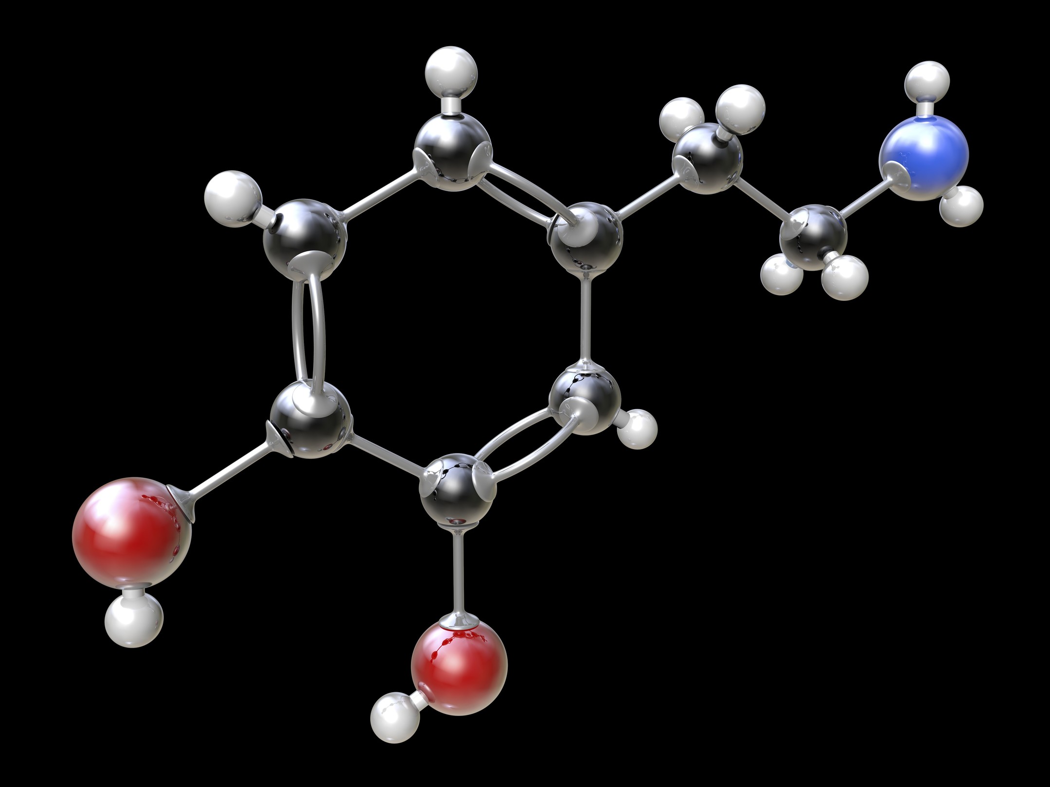 דגם של מולקולת דופמין. הסמים גורמים לעלייה בכמות הדופמין במסלול הגמול וההנאה | מקור: Science Photo Library