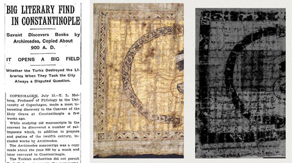 משמאל: הידיעה על גילוי הפלימפססט בניו יורק טיימס, 16.7.1907; במרכז: דף מתוך הפלימפססט; מימין: המקור, במרכז: הדף לאחר סריקה שחשפה את הכתב הסמוי מתחת לספר התפילה מהמאה ה-13 I מקור: מוזיאון וולטרז