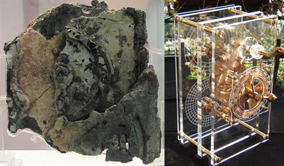 משמאל: חלק ממנגנון אנטיקיתרה המקורי; מימין: שחזור המנגנון | מקורות: Mogi Vicentini, ויקיפדיה, המוזיאון הארכיאולוגי הלאומי של יוון, אתונה