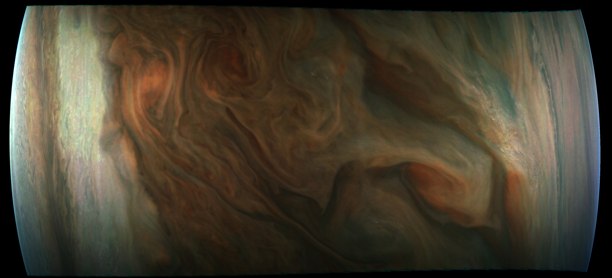 זרמים עמוקים. האטמוספרה של צדק בתמונה המורכבת מצילומים רבים שהעבירה ג'ונו | מקור: NASA, JPL