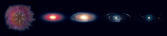 שלבים בהיווצרות מערכת השמש (משמאל לימין) | איור: CLAUS LUNAU / SCIENCE PHOTO LIBRARY