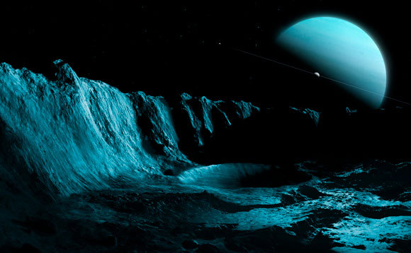 שפע של מים קפואים. ענק הקרח אורנוס במבט דמיוני מירחו, אריאל | איור: MARK GARLICK / SCIENCE PHOTO LIBRARY