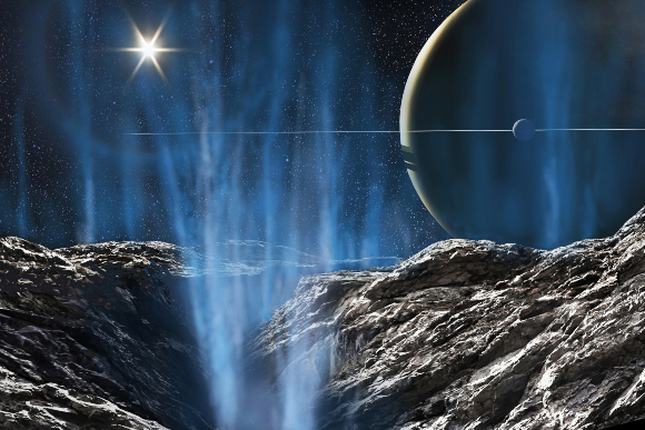 האם המים הפורצים מפני השטח מעידים על אוקיינוס נוזלי מתחת לקרח? גייזר על אנקלדוס | איור: JOHN R. FOSTER / SCIENCE PHOTO LIBRARY