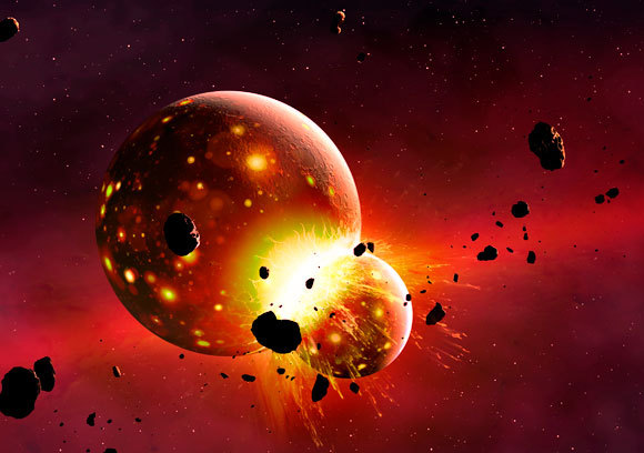 נראה שהתנגשות אחת, או סדרת התנגשויות, בכדור הארץ הקדום, הובילו גם להיווצרות הירח | איור: Science Photo Library