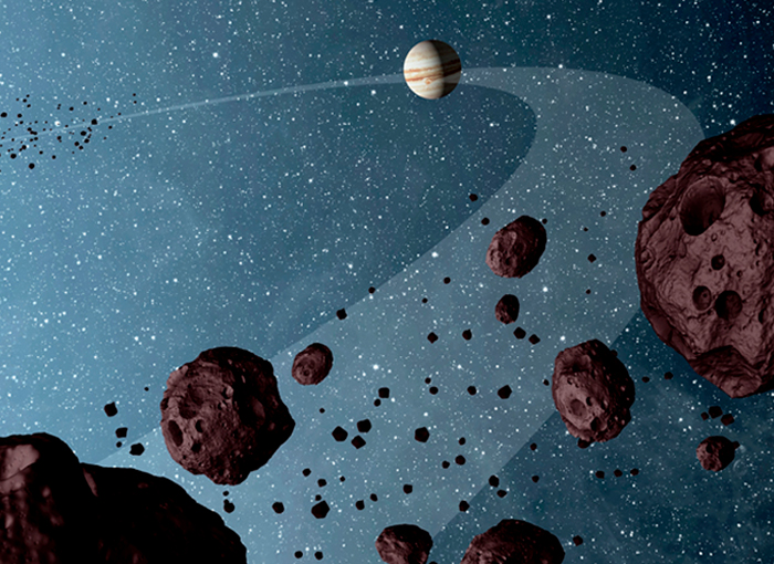 פיזור לא אחיד בין ההנקודות. איור של האסטרואידים הטרויאניים עם צדק במסלולו | Science Photo Library