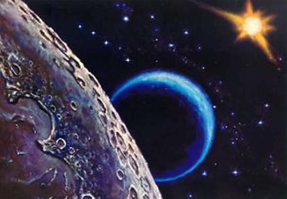 לא הצליח להגיע לירח, ונאלץ להסתפק בציור. פני הירח כפי שצייר ליאונוב עם כדור הארץ ברקע | מקור: ויקיפדיה, שימוש הוגן