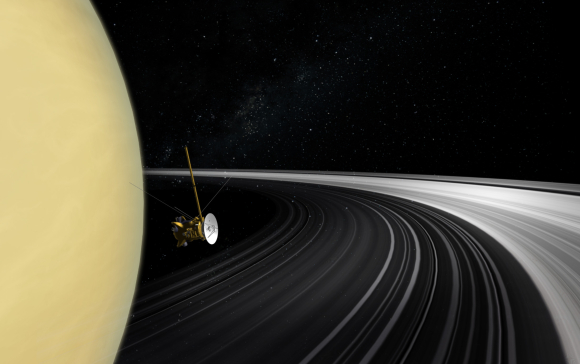 מבט מקרוב מאוד. הדמיה של מעבר החללית קסיני בין שבתאי לטבעותיו בסיום המשימה | מקור: NASA