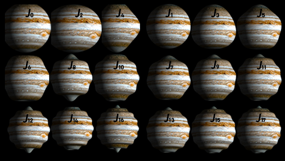 ההרמוניות השונות משקפות סוגים של סטיות מכדור מושלם (במקרה זה מודגמות על צדק) | איורים: James Tuttle Keane, Caltech