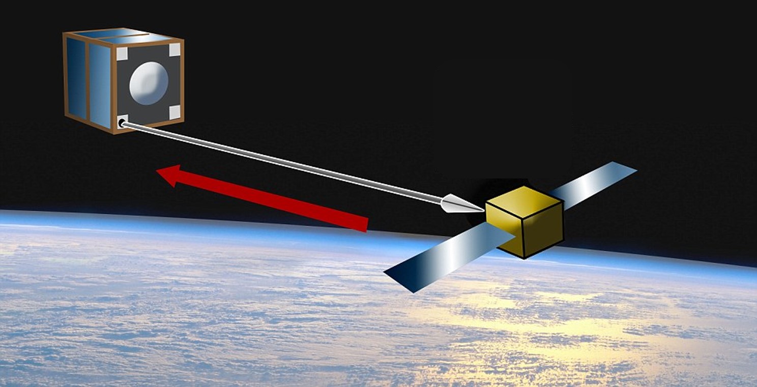 לנעוץ חץ במטרה. הצלצל אמור להיתקע בפיסת הפסולת ולאפשר ללוויין למשוך אותה אליו | איור: RemoveDEBRIS