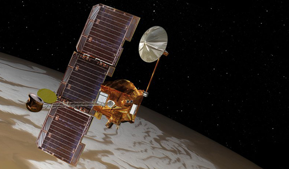 אילוסטרציה של מארס אודיסי מעל הקוטב הדרומי של מאדים | NASA/JPL-Caltech