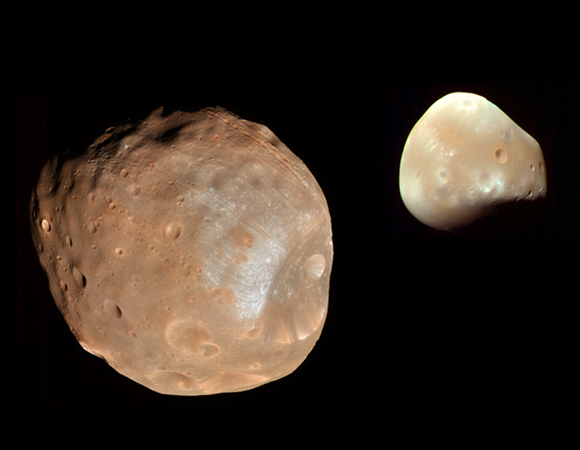 ירחים קטנים ומסקרנים. דיימוס (מימין) ופובוס בצילומים (נפרדים) של הלוויין MRO | מקור: NASA/JPL-Caltech/University of Arizona