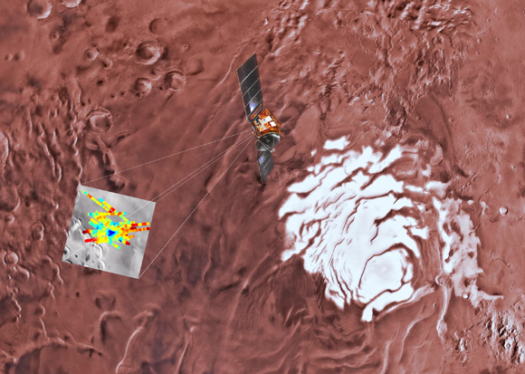 ממצאי מכ"מ מפתיעים. הדמיה של הלוויין Mars Express סורק את אזור המחקר (ריבוע) | מקור: USGS, אוניברסיטת אריזונה, ESA, INAF