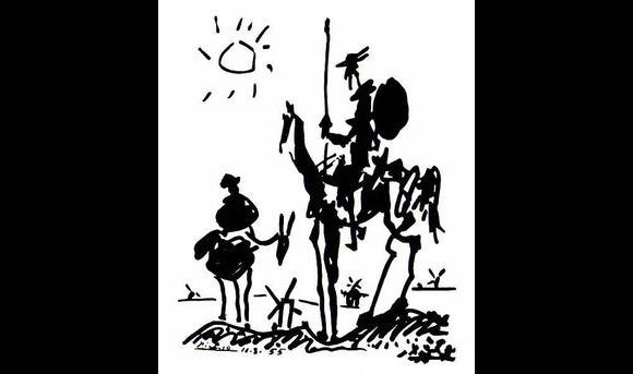 דון קיחוטה על גב רוסיננטה לצד נושא כליו וחמורו | סקיצה מאת פבלו פיקסו, 1955; מוויקיפדיה