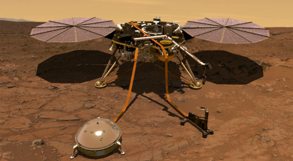 להבין את המבנה הפנימי. הנחתת על מאדים עם הסיסמומטר (בחזית משמאל) והחלק החיצוני של המקדח | הדמיה: NASA