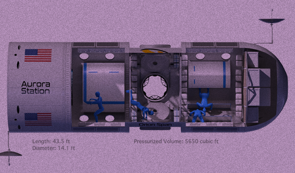 כמו מטוס פרטי גדול, כולל חדרים פרטיים נוחים, מתחם עבודה ואינטרנט מהיר. איור של מבנה המלון | מקור: Orion Span