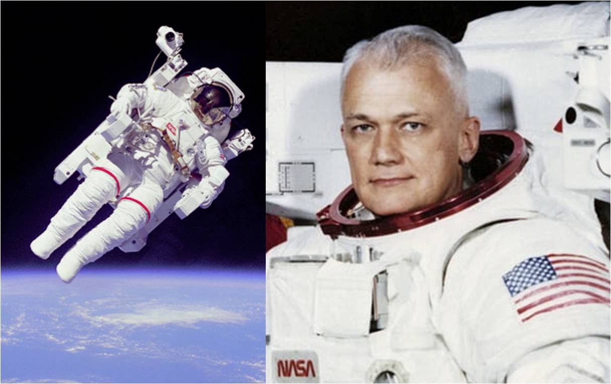 היה שותף מרכזי בפיתוח מתקן הריחוף. מקנדלס בצילום רשמי ובשעת הריחוף המפורסם | צילומים: נאס"א