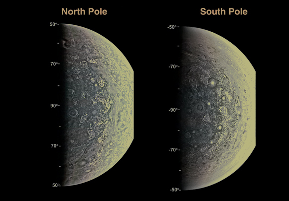 גילוי מפתיע של סופות ציקלוניות רבות הקוטב הדרומי (מימין) והצפוני של צדק בצילומים של ג'ונו | מקור: J.E.P. Connerney et al., Science