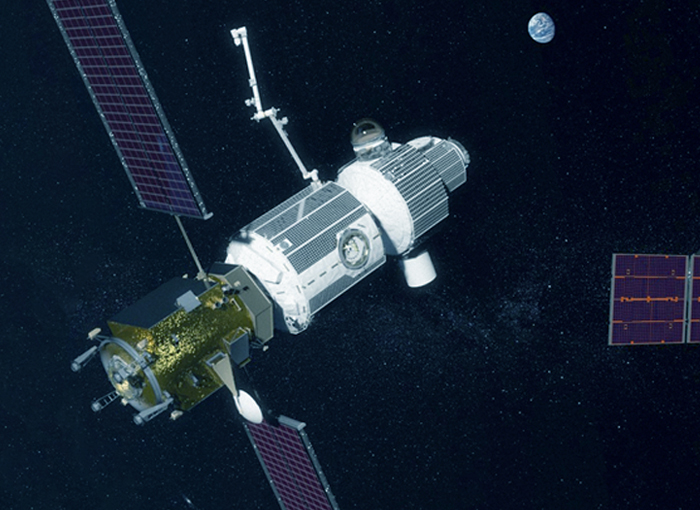 תכנית שאפתנית. הדמיה של תחנת החלל המתוכננת במסלול סביב הירח (הרחק ברקע: כדור הארץ) | מקור: נאס"א