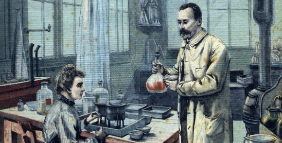 פייר ומארי קירי במעבדה, איור השער של שבועון צרפתי שסיקר את גילוי הרדיום | מקור: Science Photo Library