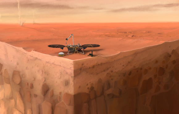 הדמיה של הנחתת על גבי חתך קרקע של מאדים, הסייסמוגרף מתחת לכיפה משמאל | איור: IPGP/Nicolas Sarter