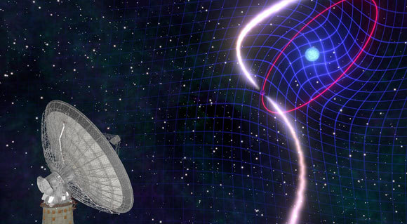 תזמון גלי הרדיו מאפשר לזהות את עיוותי המרחב-זמן של המערכת | איור: Credit: Mark Myers, OzGrav ARC Centre of Excellence