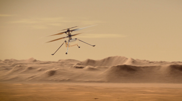 יבצע את הטיסה הראשונה אי פעם בשמי כוכב לכת אחר. הדמיה של הרחפן אינג'ניואיטי | איור: NASA/JPL-Caltech