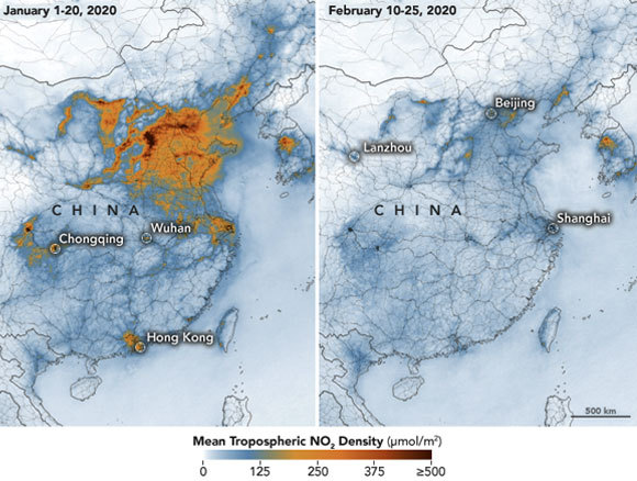 הירידה בריכוזי החנקן הדו-חמצני בסין בפברואר (מימין) לעומת ינואר | מקור: earthobservatory.nasa.gov